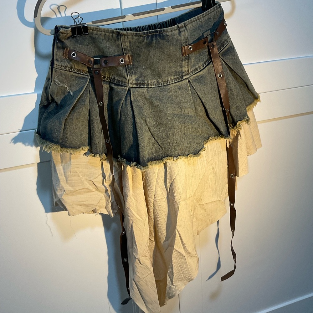 Denim and Beige Layered Skirt with Brown Straps